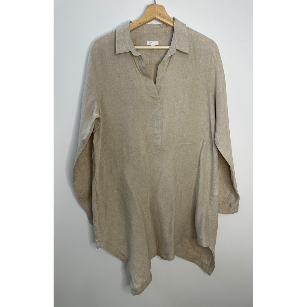 J Jill Love Linen Asymmetrical Tunic Top LS Beige Medium Lagonlook Coastal Vaca - Picture 2 of 12